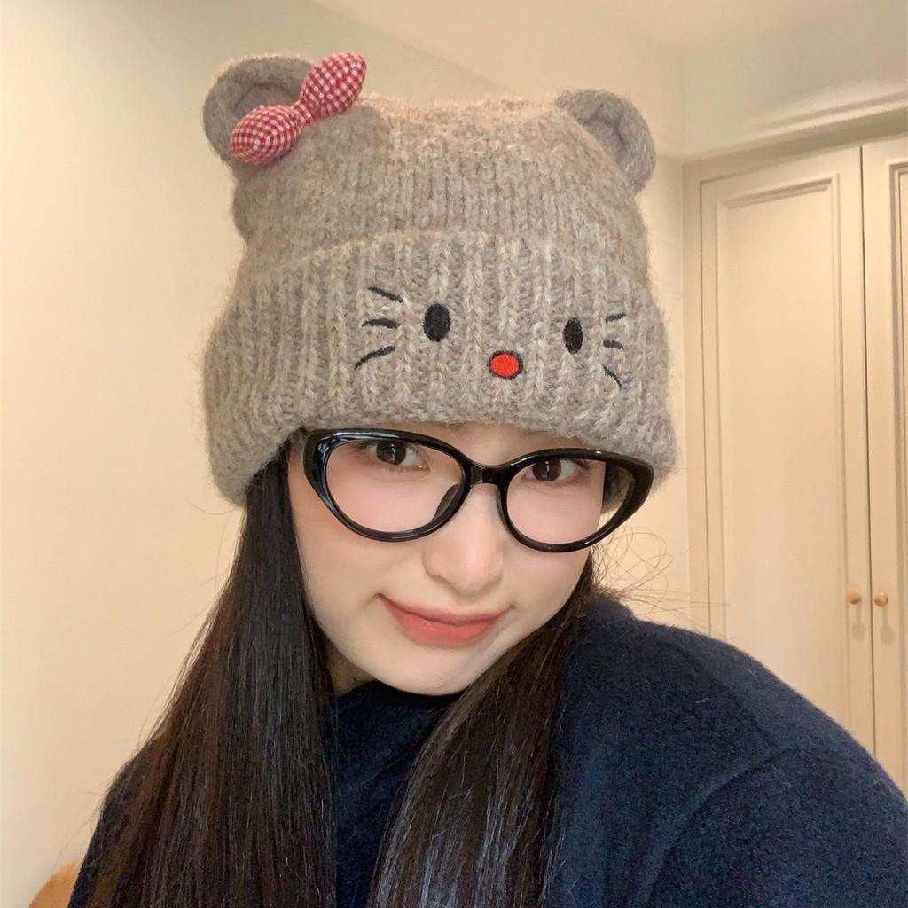 Cat Cartoon Knitted Hat With Embroidered Butterfly Bow For Winter Warmth And Windproof Comfort