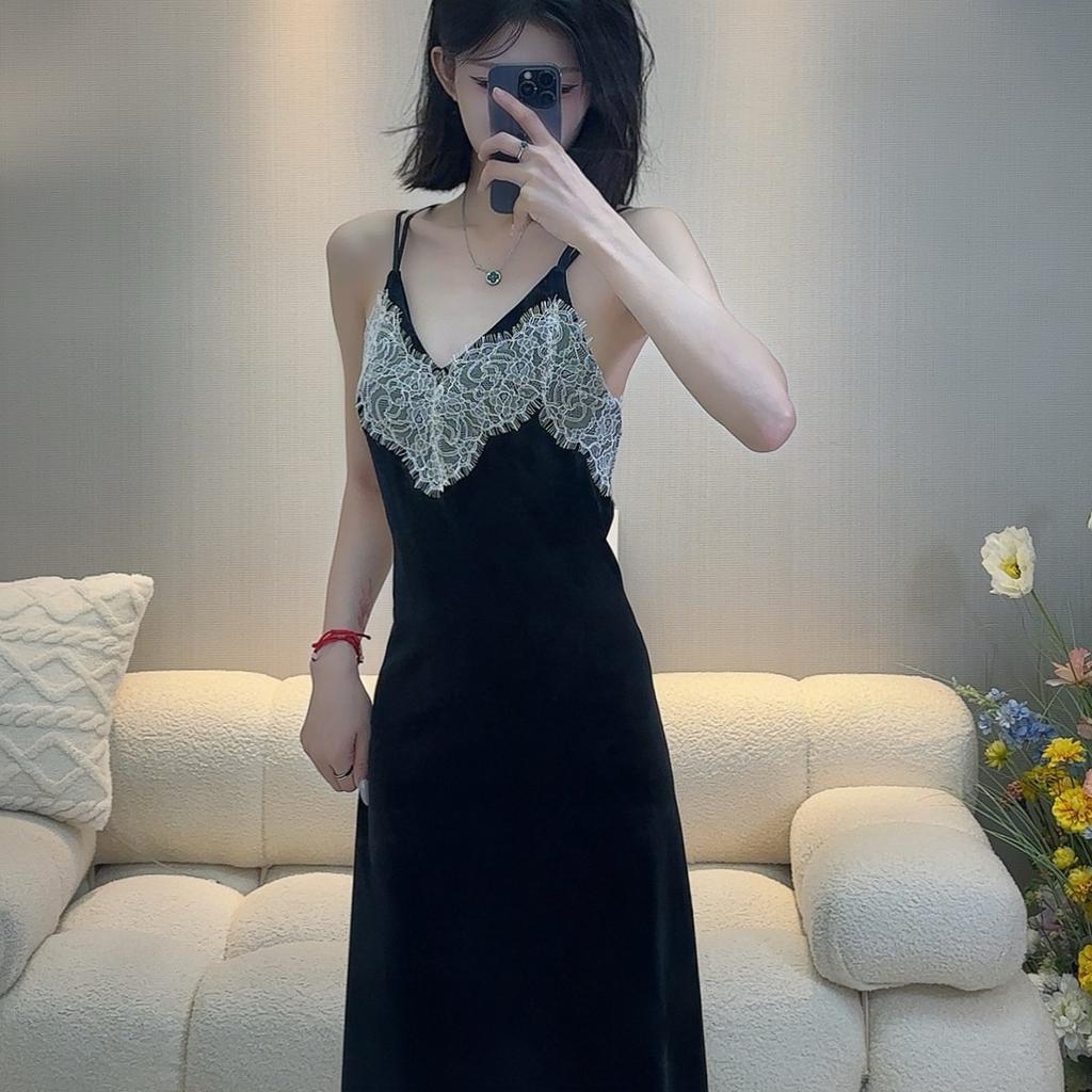Golden Velvet Sexy Pajamas Women's Chest Pad Suspender Pajamas Two-piece Set Long Over Knee Pure Desire High-end Homewear