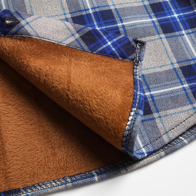 Men Fleece Lined Thick Warm Plaid Long Sleeve Stand Collar Casual Business Shirt
