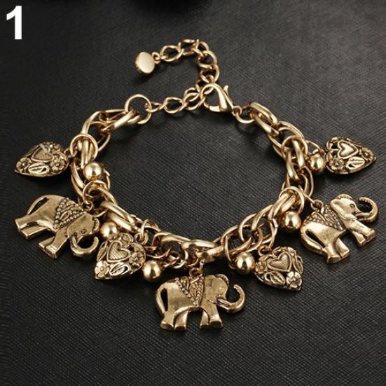 Kvinners vintage unike utskårne hjerte elefant skinnende anheng armbånd armbånd
