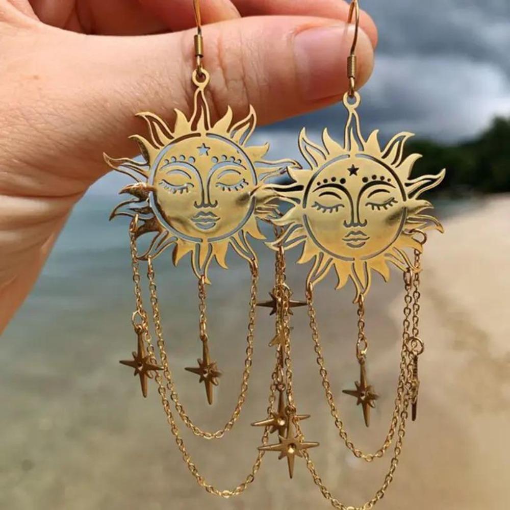 Bohemia Fashion Stainless Steel Gold Color Human Face Sun Star Tassel Chain Dangle Earrings for Women Retro Charm Jewelry Gifts