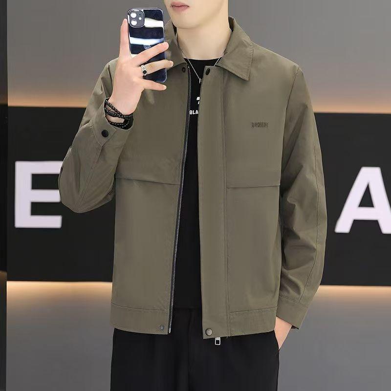 Giacca Casual da Uomo Khaki con Collo a Camicia, Zip e Bottoni a Doppia Chiusura, Vestibilità Larga, Antivento