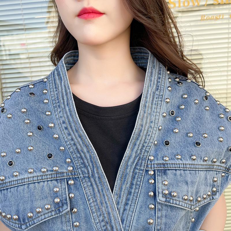 Sommer Damen Unregelmäßiges Perlen-Taillenbetontes Ärmelloses Jeans-Westen-Top