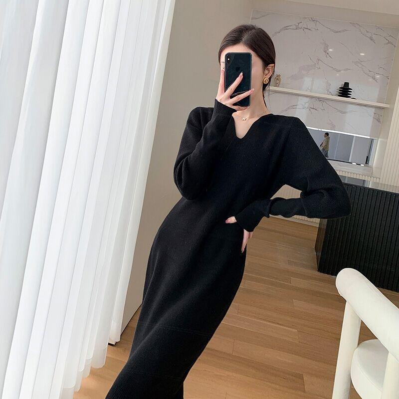 

С пальто и вязаным длинным платьем внутри, женское ощущение высокого класса поразительно, облегающий свитер для ношения под низ, платье, осень и зима XL чёрный