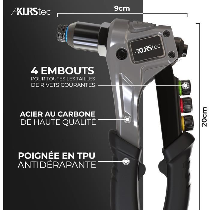 Kit professionnel de pinces à rivets KLRStec - 120 rivets &amp; 4 perceuses inclus