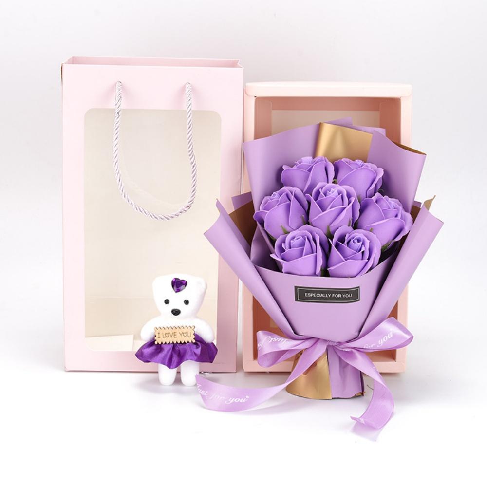 7 Heads Rose Artificial Bouquet Little Bear Gift Box Valentine's Day Handmade False Flower Bouquet Mother's Day Birthday Party