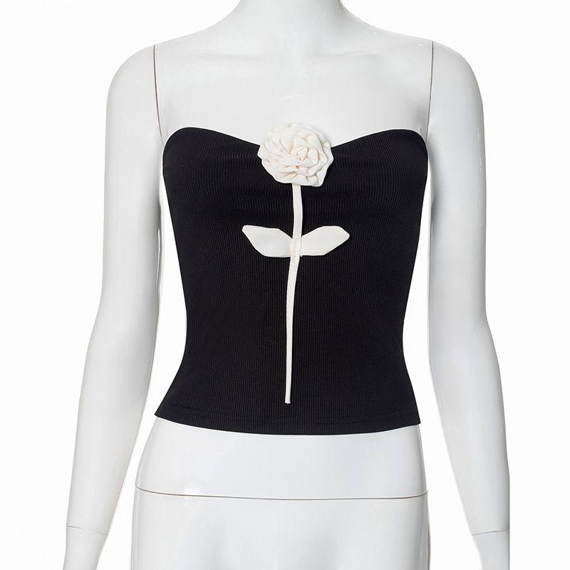 

Sexy European and American New Arrival Fashion Street Shooting Three-Dimensional Flower Tube Top Midriff-Baring Top Thread Wrapped Chest Female Black S