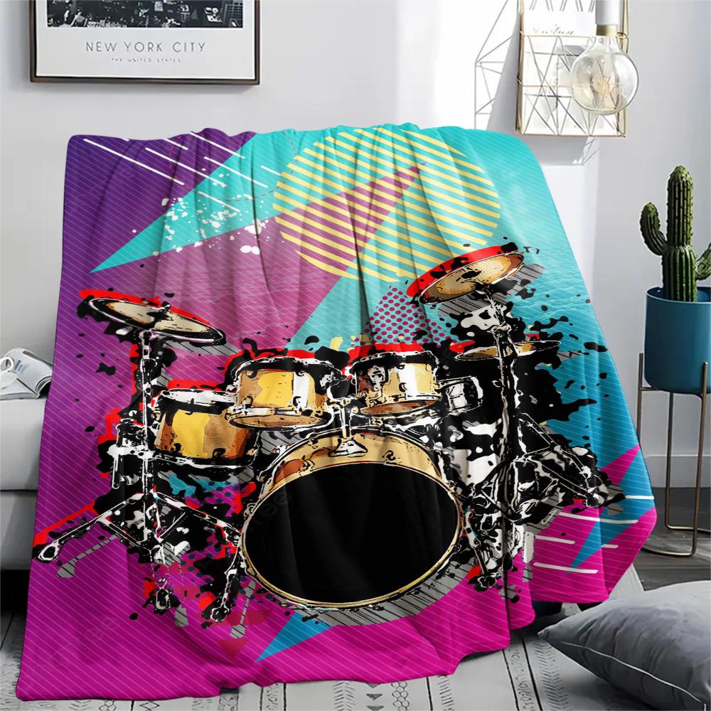 1Pc Drum Set Print Flannel Blanket, High Quality Comfortable for All Seasons, Home Decor, Warmth and Comfort, Perfect for Gifts