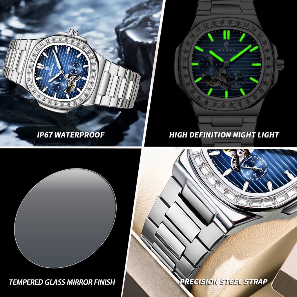 BINBOND Original Automatic Tourbillon Men's Watch Mechanical Wristwatches For Men Luxury Luminous Waterproof Skeleton Reloj