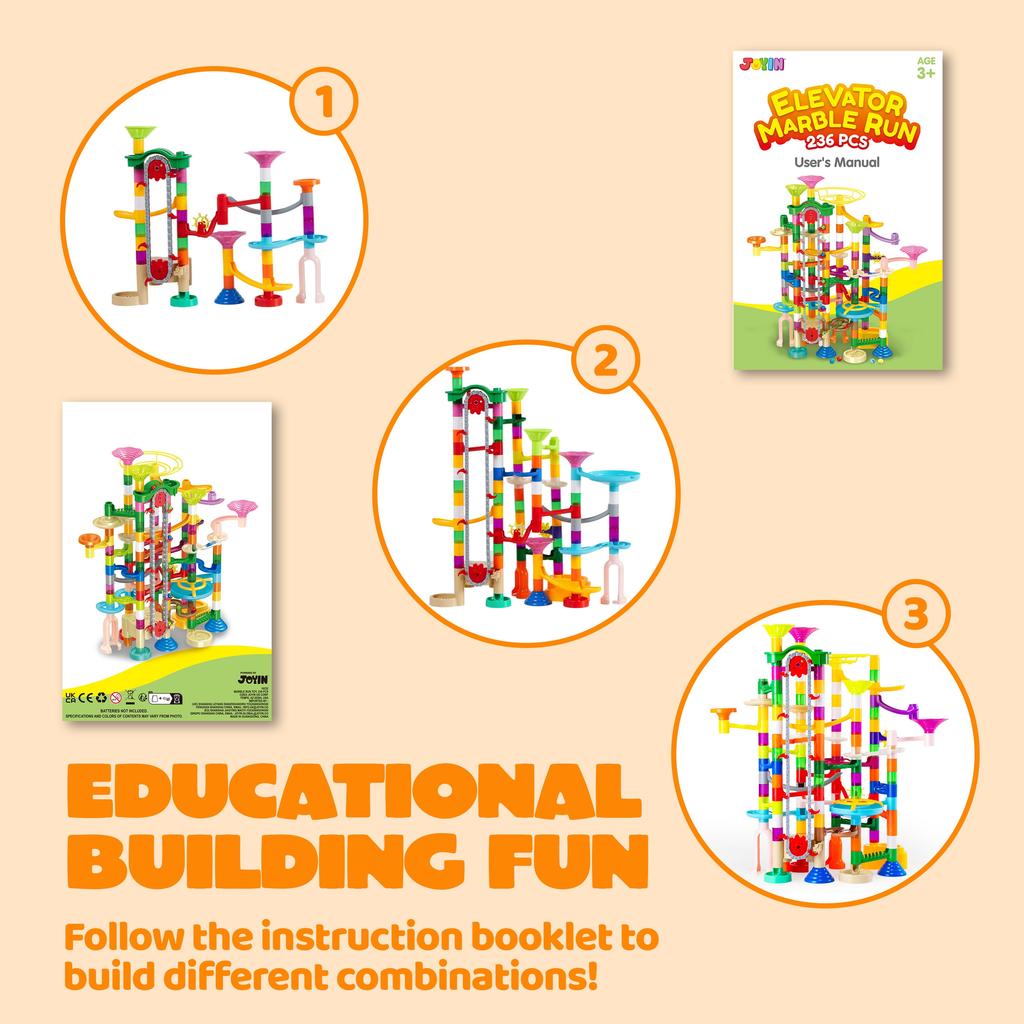 Joyfy 236 Pcs Glowing Marble Run with Motorized Elevator Construction Building Blocks STEM Educational Toys Set for Kid Ages 4-8