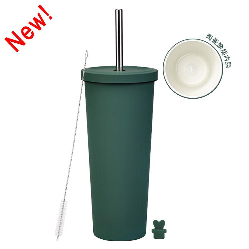 2025 Ceramic Liner Milk Tea Cup Large Capacity 830Ml Thermos Cup Stainless Steel Straw Cup