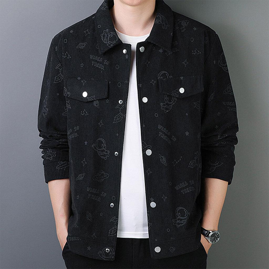 Men's Corduroy Lapel Space Print Jacket Casual Comfortable Mature Style Coat