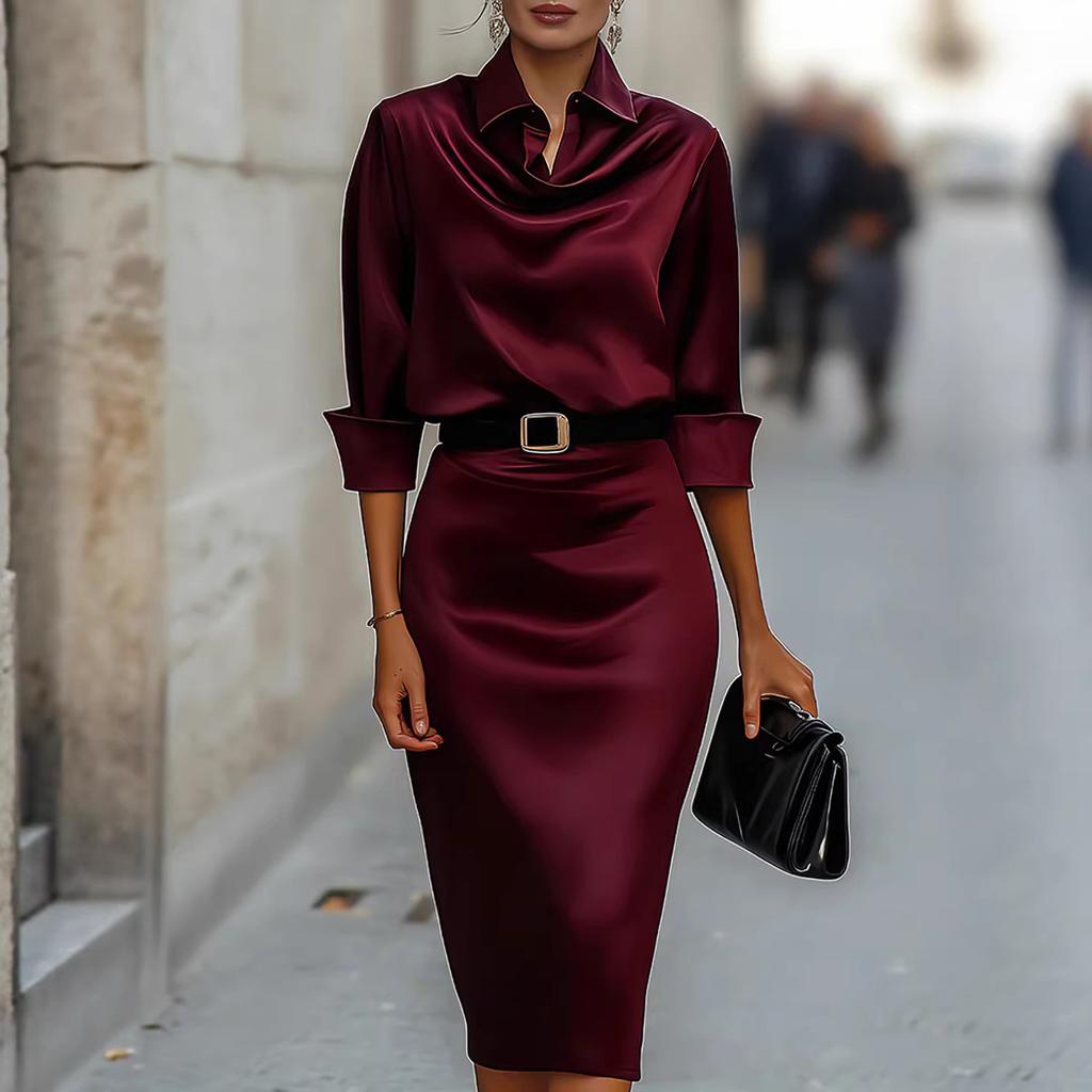 Vestido Midi de Satén Elegante para Mujer con Cuello de Pico y Manga Larga, Estrecho, de Cintura Media, Estilo Lápiz