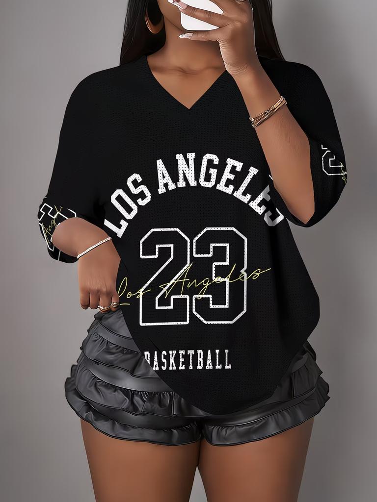 Women's Los Angeles NO.21 Print V-Neck Short Sleeve T-Shirt Summer Graphic Tee Hole Mesh Jerseys Plus Size Sport T-Shirt