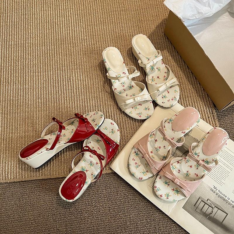 Fashion 2025 New Women's Slippers Summer New High Heels Round Head Open Toe Bow Sandals Casual Fashion Sweet Anomalous Slippers
