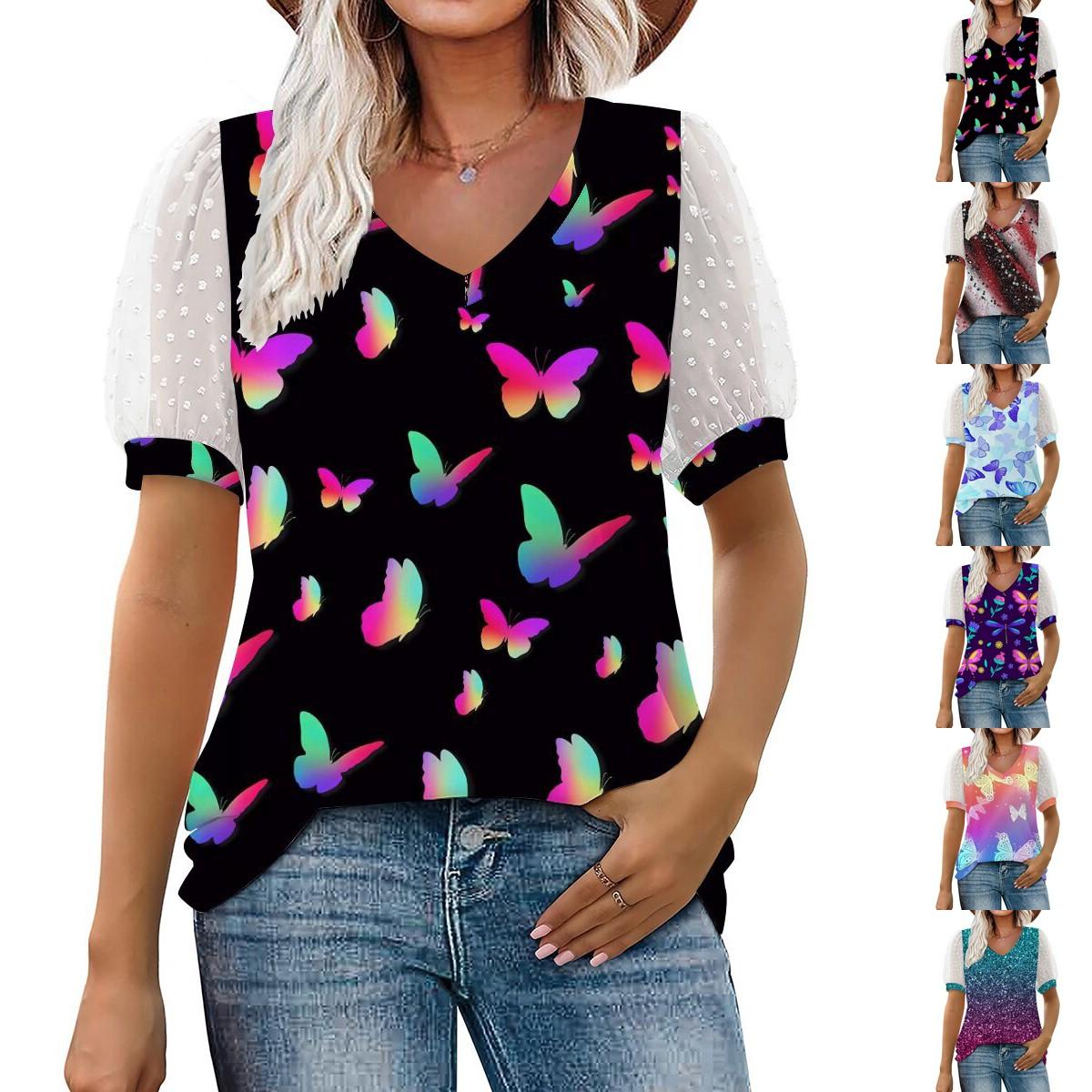 

Летняя новая модная женская повседневная футболка с v-образным вырезом и коротким рукавом с принтом больших размеров S-2XL