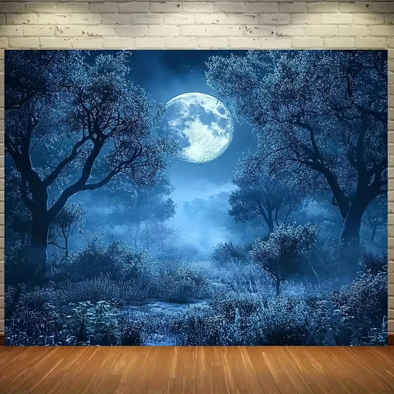 

2D Moonlit Forest Wall Tapestry, Ethereal Blue Night Woods with Full Moon Background 47.2x31.5inch/120*80cm