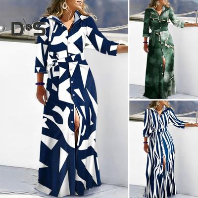 Women Spring Fall Dress Lace Up Tight Waist Striped Print Lapel Long Sleeve Single Breasted Full Length Soft Lady Party Prom Maxi Dress