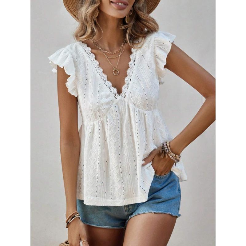 Camisa de Mujer Verano Calada Vacaciones Cuello en V Fruncida Manga Corta Encaje Blanca Blusa Moda Mujer Elegantes Tops Ajuste Ceñido Casual Suelta Camisas Femeninas
