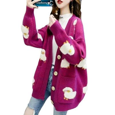 Damski jesienno-zimowy dziergany kardigan luźna moda uliczna sweter z dzianiny płaszcz uroczy nadruk kreskówkowy sweter z dekoltem w serek