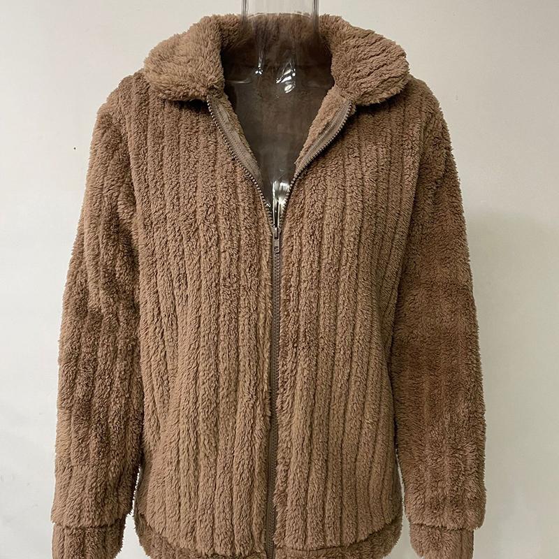 Women Fashion Winter Warm Comfortable Long Sleeve Lapel Fleece Plush Jacket Coat