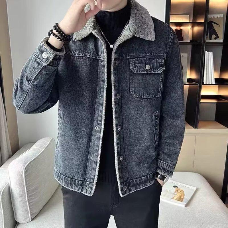 Men's Trendy Korean Style Denim Jacket with Lamb Fur Collar for Autumn and Winter