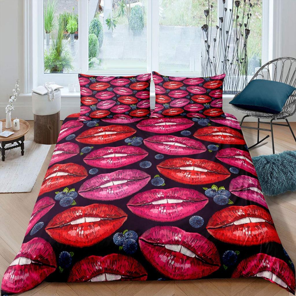 Paris Bettbezug mit roten Lippen, Kussspuren, Dekor, Bettwäsche für Mädchen und Erwachsene, Eiffelturm-Bettbezug, romantische Raumdekoration für Frauen
