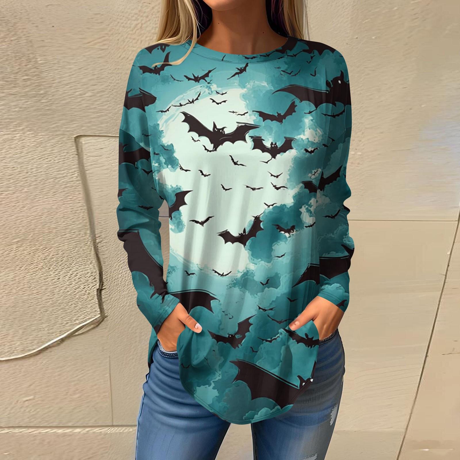 

Женская модная свободная футболка с круглым вырезом и принтом на Хэллоуин, с длинным рукавом, топ-пуловер XL циан