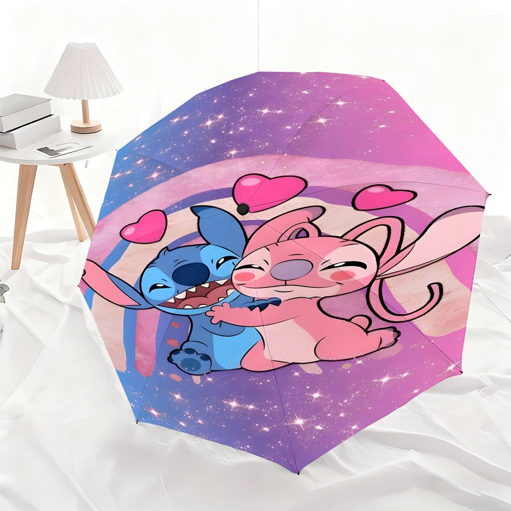 1pc Disney Stitch Angel Cartoon Automatic Umbrella, All-Occasion Dual-Purpose Umbrella for Rain or Shine, Portable Folding Umb