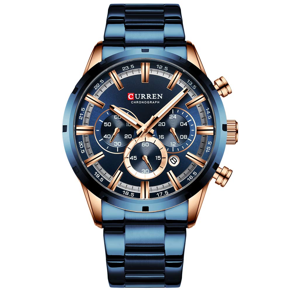 CURREN Men's Sport Quartz Chronograph Watch with Luminous Hands, Stainless Steel, and Date Display
