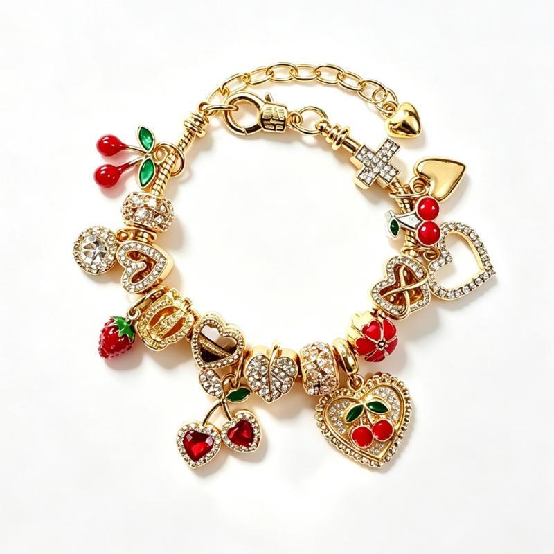 Y2K Gold Plated Charm Bracelet With Sparkling Rhinestone Cherry Heart Pendant Trendy Luxury Beaded Jewelry For Women Gifts