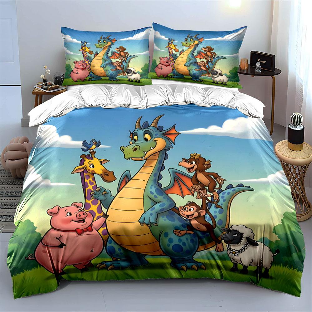 Dragon and Farm Animal Friends Bedding Duvet Cover Set (1*Duvet Cover 2*Pillowcases, without duvet insert)