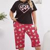 Summer Love Print Pajama Set: Short Sleeve Top & Seven-Point Pants, Plus Size