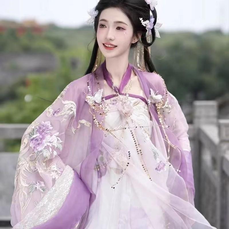 Womens Tang Dynasty Inspired Embroidered Hanfu Set With Wide Sleeves Peony Print Chest-Tie Skirt Scarf