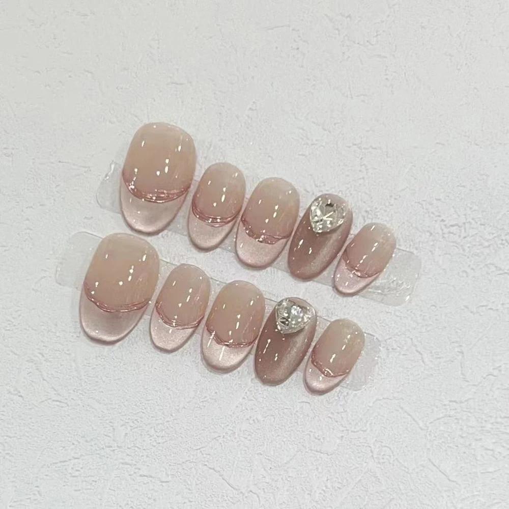Summer Sweetheart Handmade Full Cover False Nails Kawaii Cartoon Cat Flower Cat Eye Short Square Reusable Fake Nail Stickers