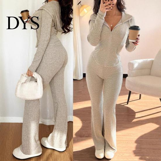 Women Lounge Wear Set Women's 2 Piece Sweatsuits Zip Up Hoodies And Bell Tracksuit Bottom Pants Ribbed Knit Outfits Sexy Bodycon Workout Tracksuits