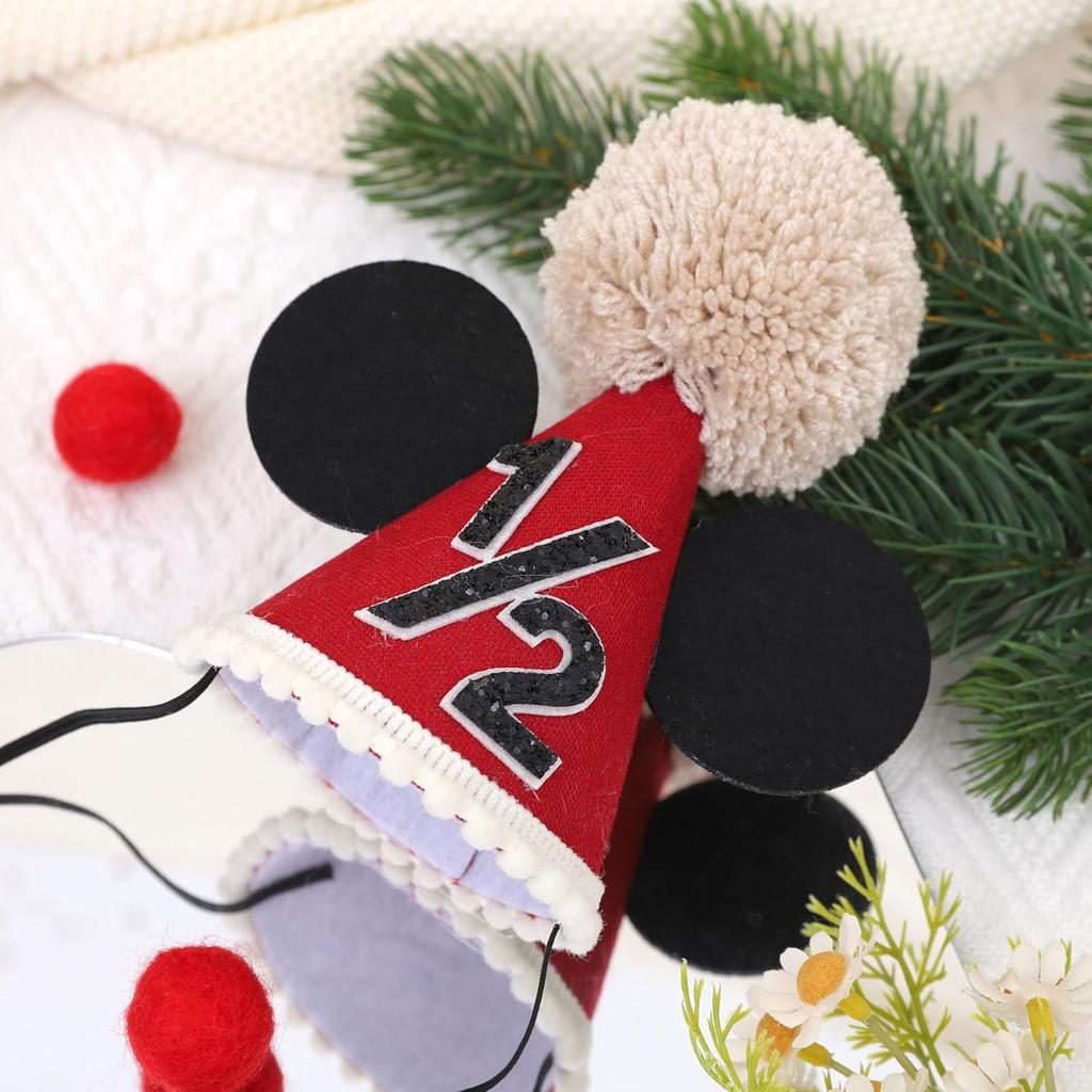 Mouse 1/2 Birthday Hat - Mouse Half Way To One Party Decorations,Mouse Ears Cake Smash Hat,Red Black Mouse Party Hat,6 Months Birthday Photo Props