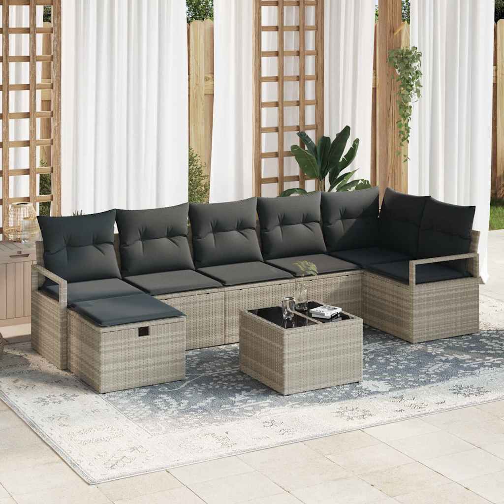 8 Piece Light Grey Poly Rattan Sofa Set with Cushions and Storage