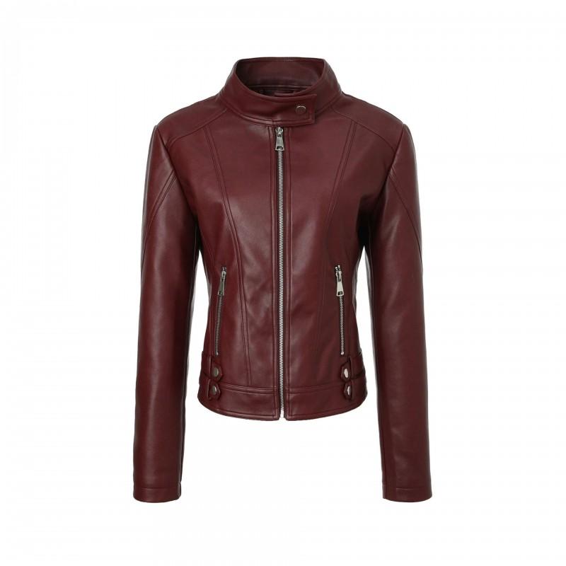 Womens Slim Fit PU Leather Jacket Stand Collar Long Sleeve Casual Streetwear Commute