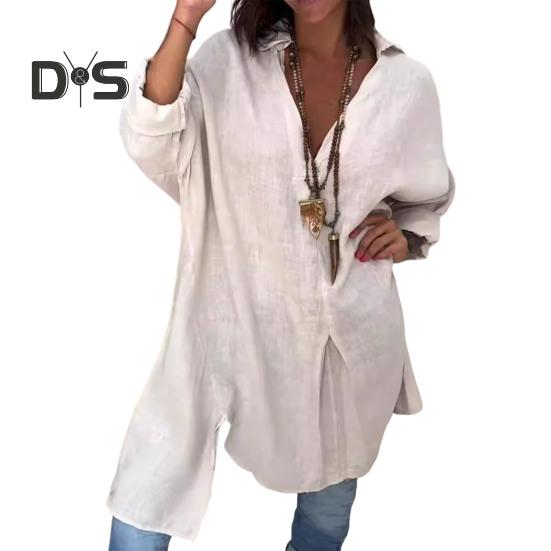 Dameskjorte V-hals Langermet Sidesplitt Hem Pullover Topper Ensfarget Løs Passform Sommerskjorte Hverdagsklær