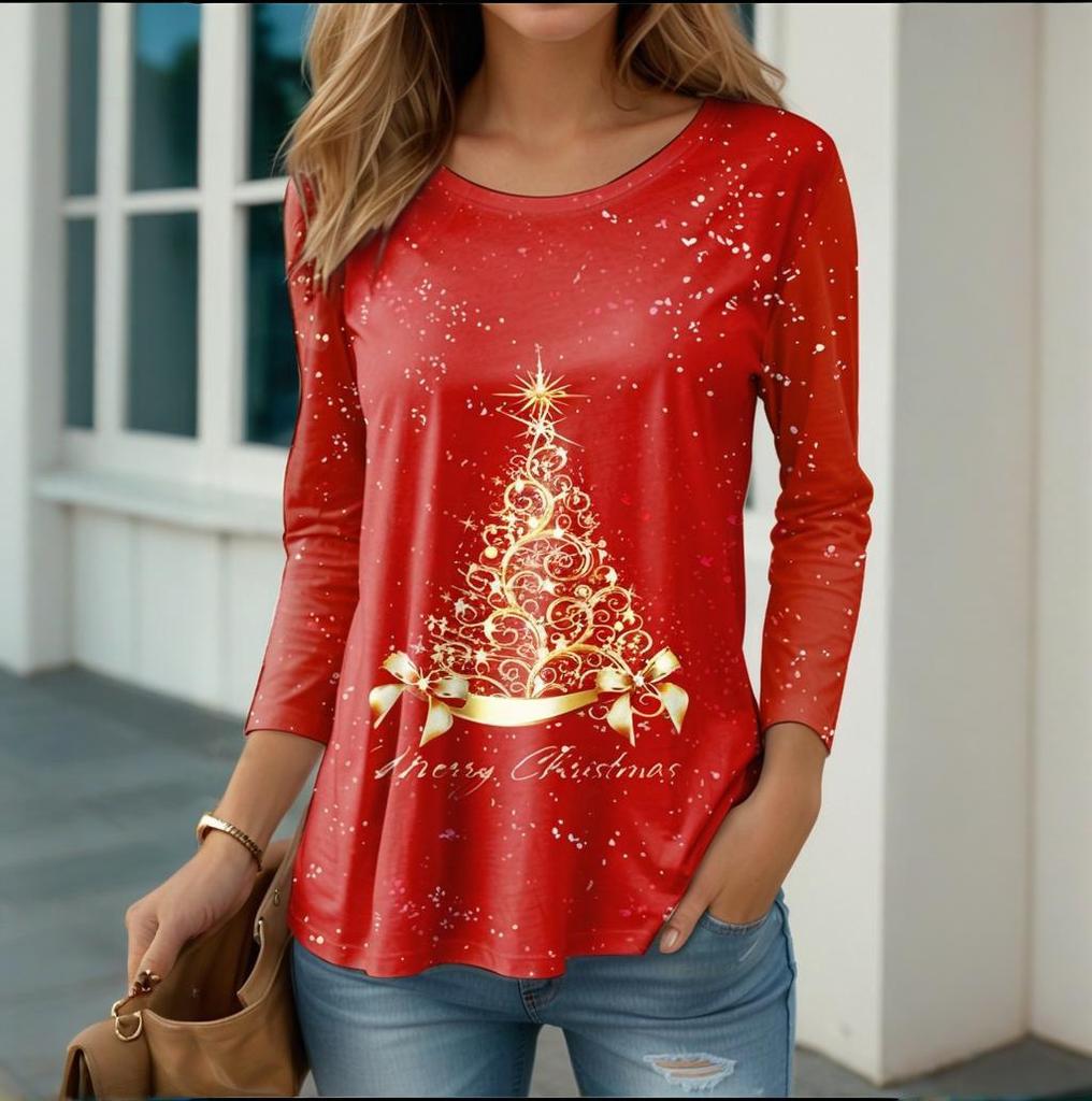 Large-sized2025 Fashion Red Christmas Tree Women's Long Sleeve Christmas Party Casual Clothing Autumn/Winter Cotton Oversize Round Neck Top