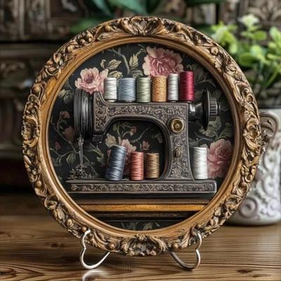 Sewing Machine Themed Round Metal Wall Art Home Decor Sign