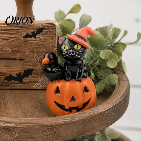 Resin Tabletop Figurine Halloween Cat Pumpkin Figurine, Retro Black Stacked Decorations Window Display Ornaments for Table Desk Office Mantel