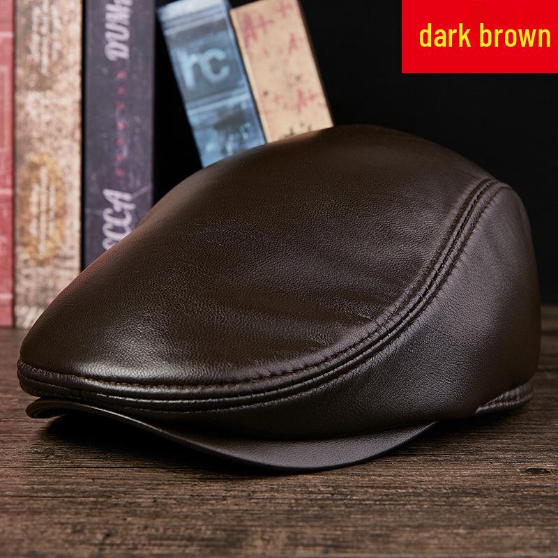 Unisex Dark Red Genuine Leather Sheepskin Flat Cap - Korean Style Warm Duckbill Cotton Hat for Autumn & Winter