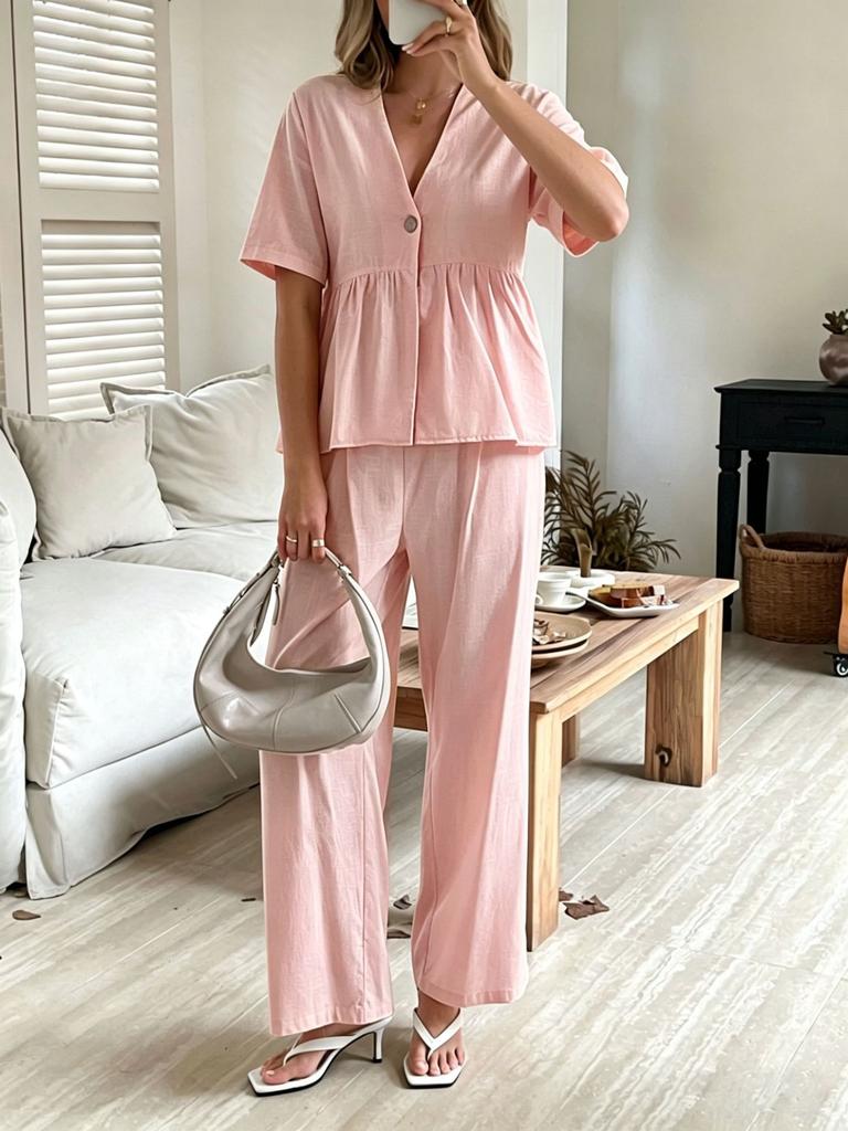 Europe, America, Cross-border Amazon Foreign Trade Fashionable and Elegant V-neck Loose Short-sleeved Top and Wide-leg Pants Two-piece Set
