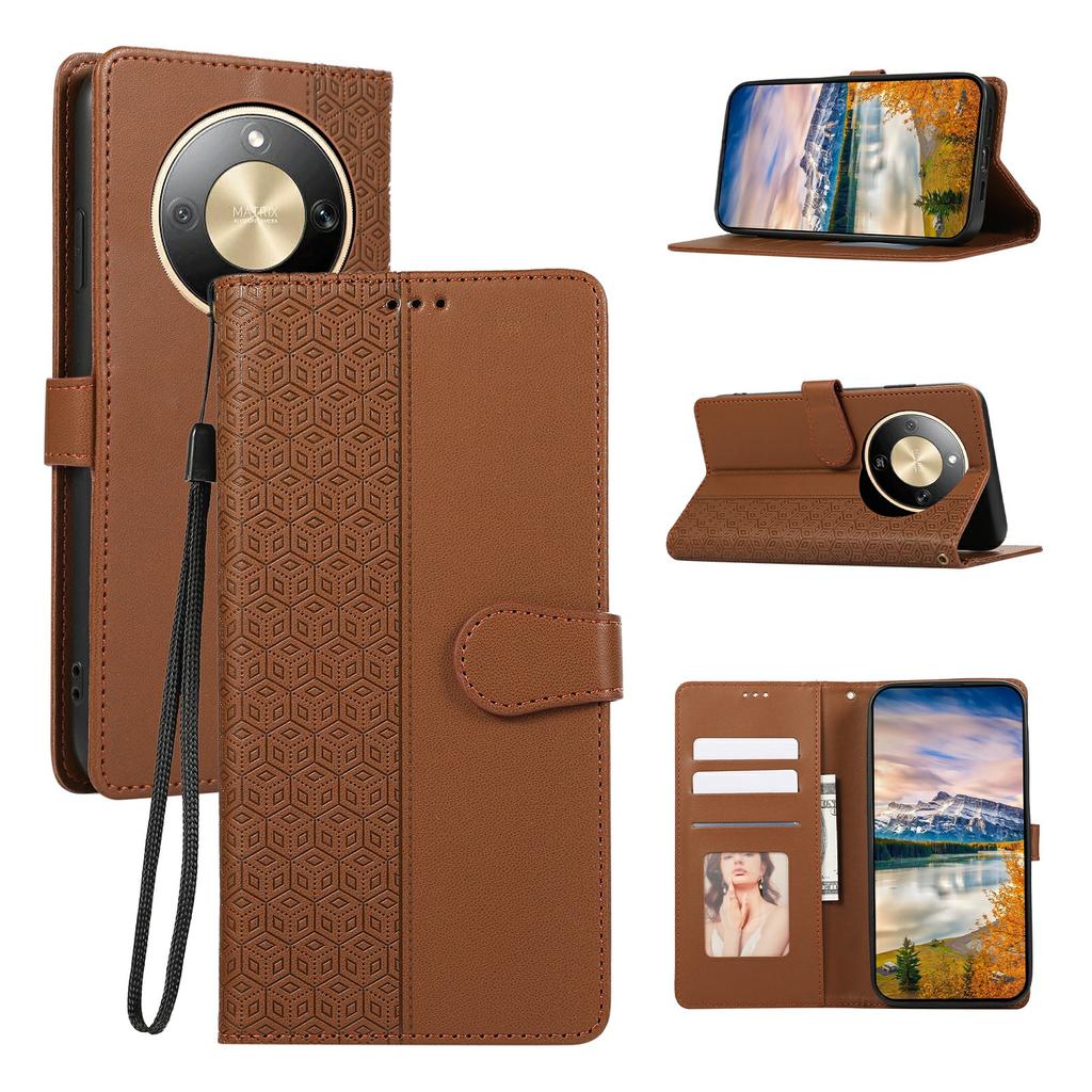 Phone Case For Honor Magic8 Lite 5G / X9d 5G / X70 5G Splicing Imprinted Rhombus Leather Cover with Wrist Strap