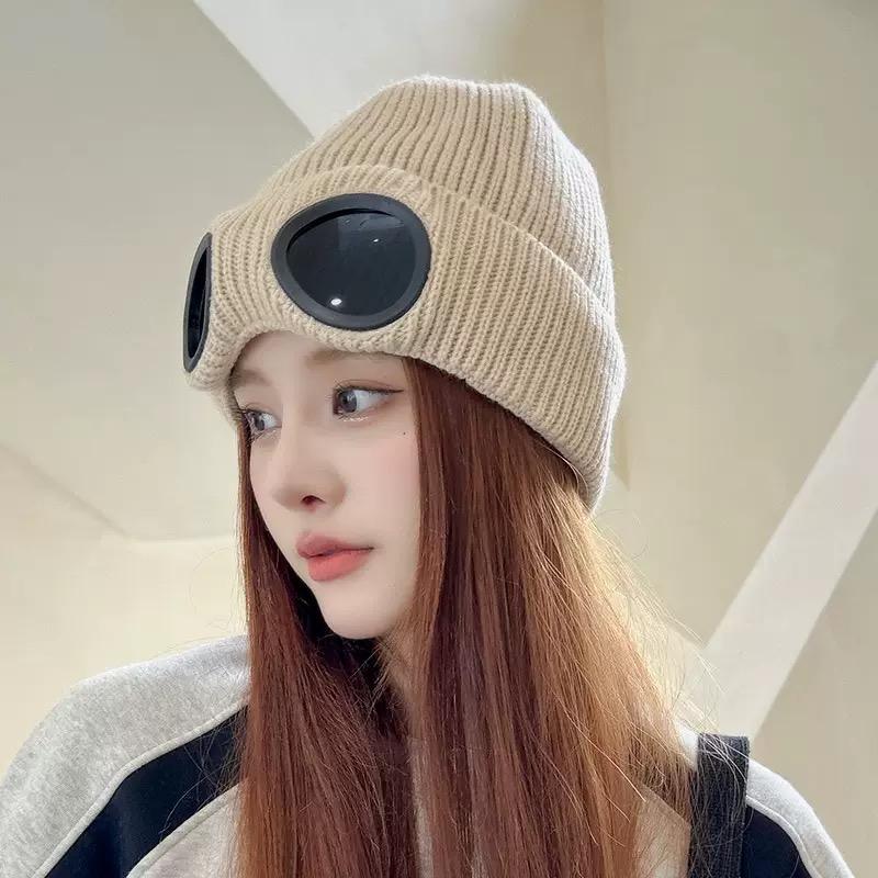 Double layer knitted wool hat, fashionable pilot goggles, knitted hat - warm, thick, handmade autumn and winter hat