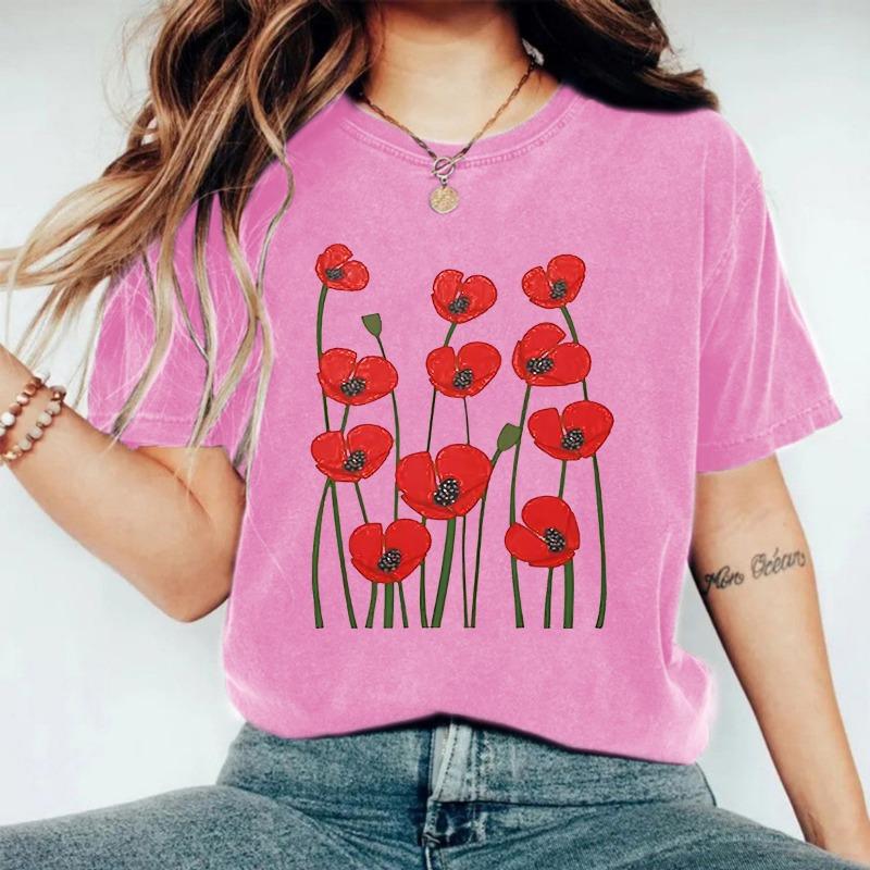 Camiseta de Verano Nueva Cómoda de Algodón Puro Lavado y Envejecido de Manga Corta y Cuello Redondo Floral