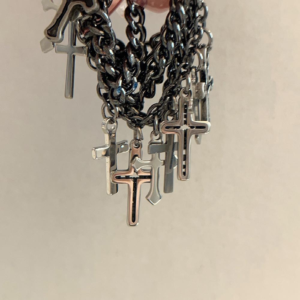 Hip Hop Multi-Layer Ring Black Chain Cross Fringe Pendant Ring Unisex Men Women Fashion Trend Punk Jewelry Accessories