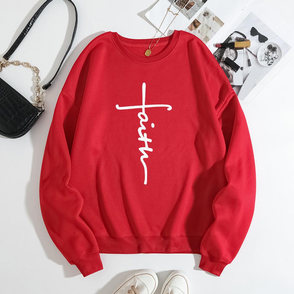 Autumn Letter "Faith" Cross Printed Hoodies Fashionable Casual Sports Long Sleeved Women's Hoodies